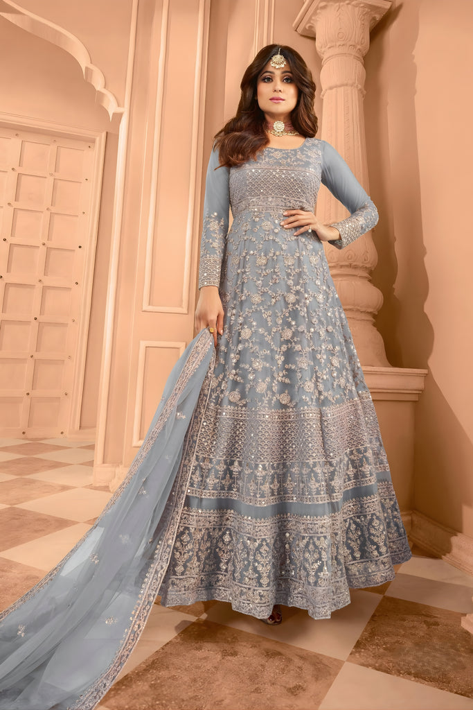 Trendy Sky Blue Net Embroidered Anarkali Suit with Designer Dupatta for Wedding