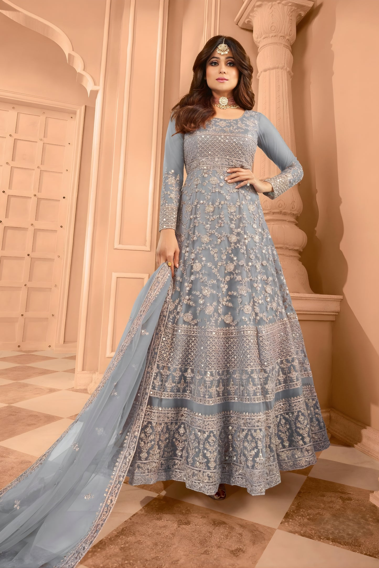 Trendy Sky Blue Net Embroidered Anarkali Suit with Designer Dupatta for Wedding