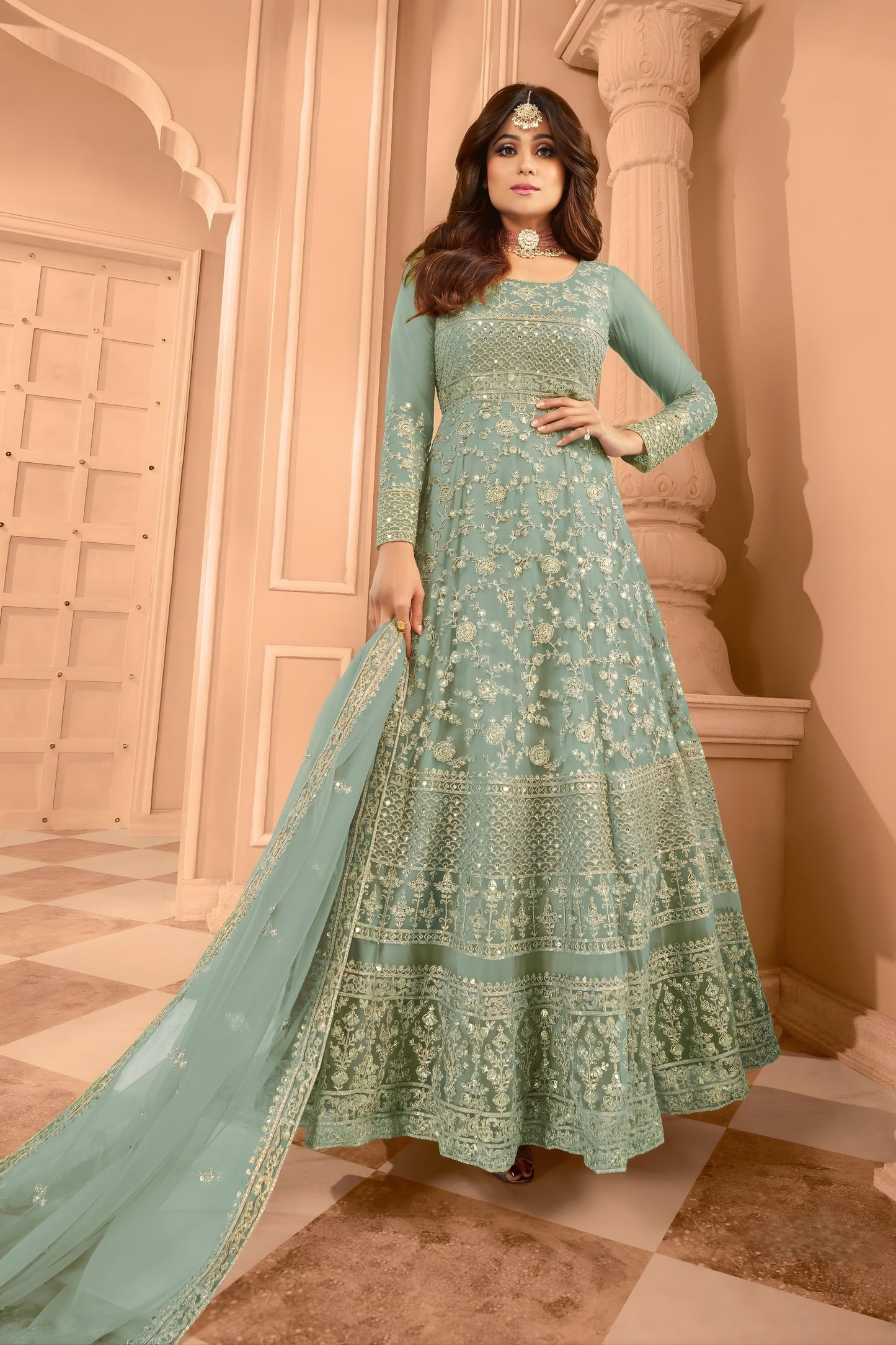 Refreshing Sea Green Net Embroidered Anarkali Suit with Designer Dupatta for Wedding