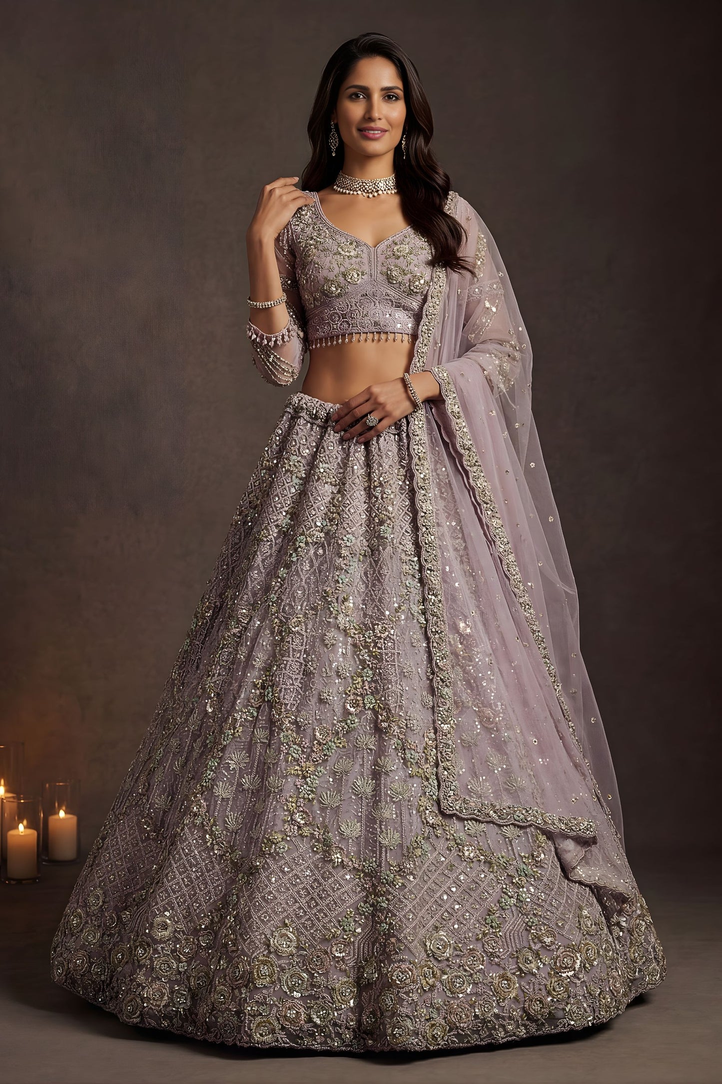 Luxury Dusty Lavender Net Embroidered Bridal Lehenga Choli Heavy Sequin Work Dupatta