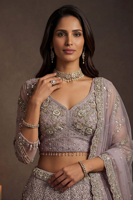 Luxury Dusty Lavender Net Embroidered Bridal Lehenga Choli Heavy Sequin Work Dupatta