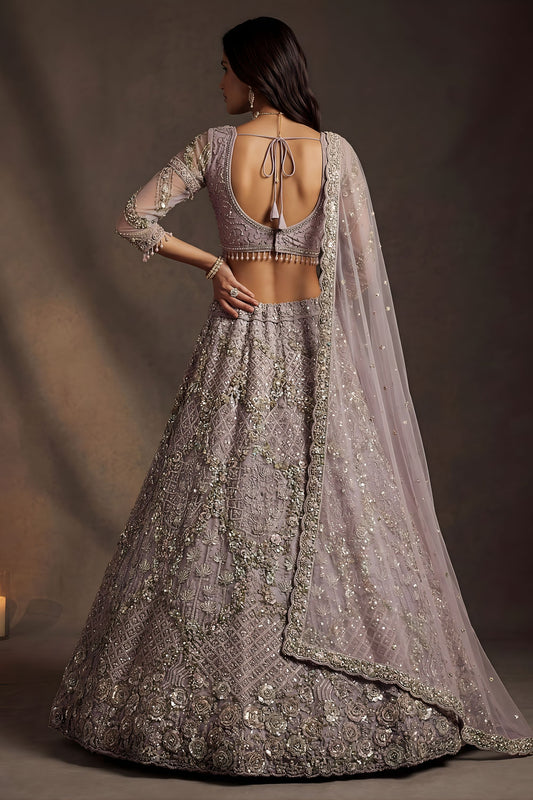 Luxury Dusty Lavender Net Embroidered Bridal Lehenga Choli Heavy Sequin Work Dupatta