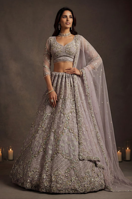 Luxury Dusty Lavender Net Embroidered Bridal Lehenga Choli Heavy Sequin Work Dupatta