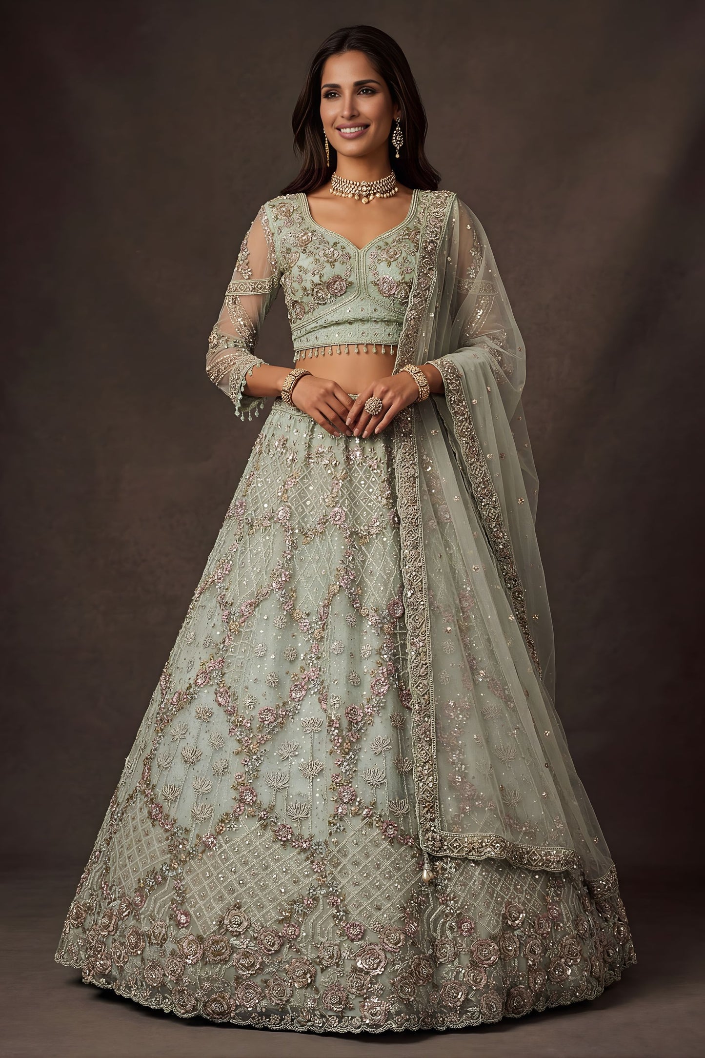 Elegant Sage Green Net Sequin Embroidery Work Bridal Lehenga Choli with Dupatta