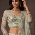 Elegant Sage Green Net Sequin Embroidery Work Bridal Lehenga Choli with Dupatta