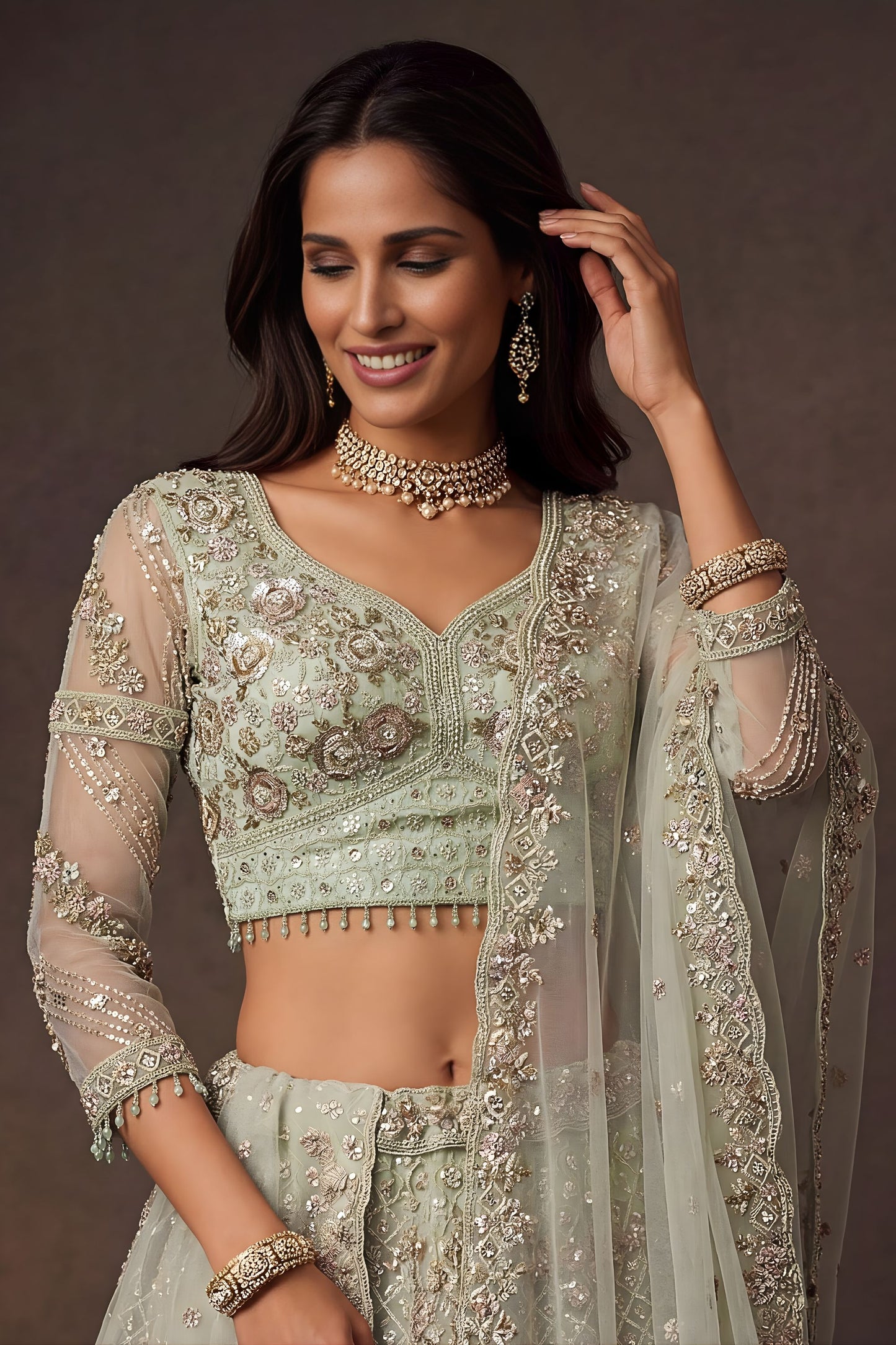 Elegant Sage Green Net Sequin Embroidery Work Bridal Lehenga Choli with Dupatta