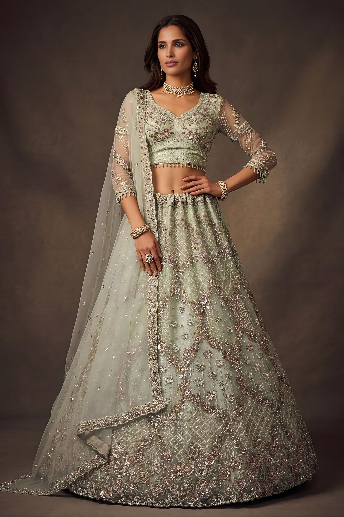 Elegant Sage Green Net Sequin Embroidery Work Bridal Lehenga Choli Dupatta