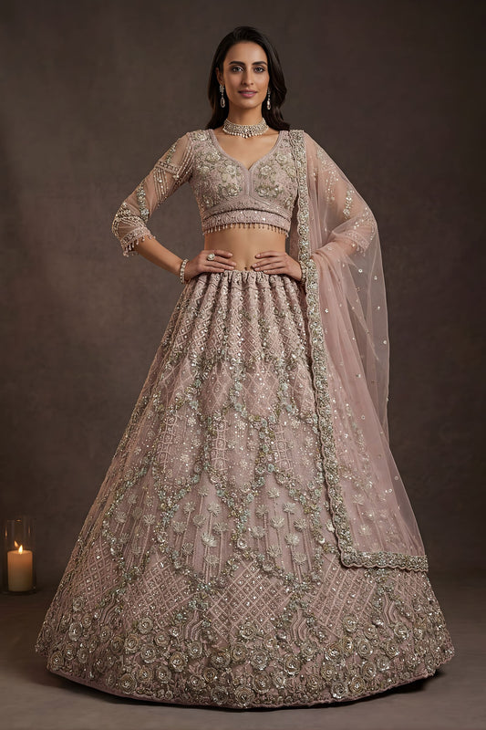 Beautifull Blush Pink Net Sequin Embroidery Work Bridal Lehenga Choli Dupatta