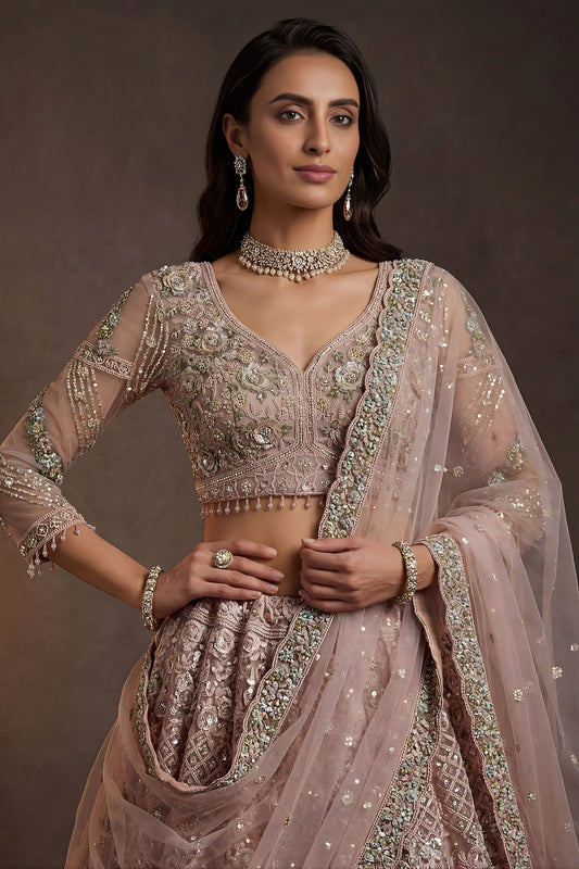 Beautifull Blush Pink Net Sequin Embroidery Work Bridal Lehenga Choli Dupatta