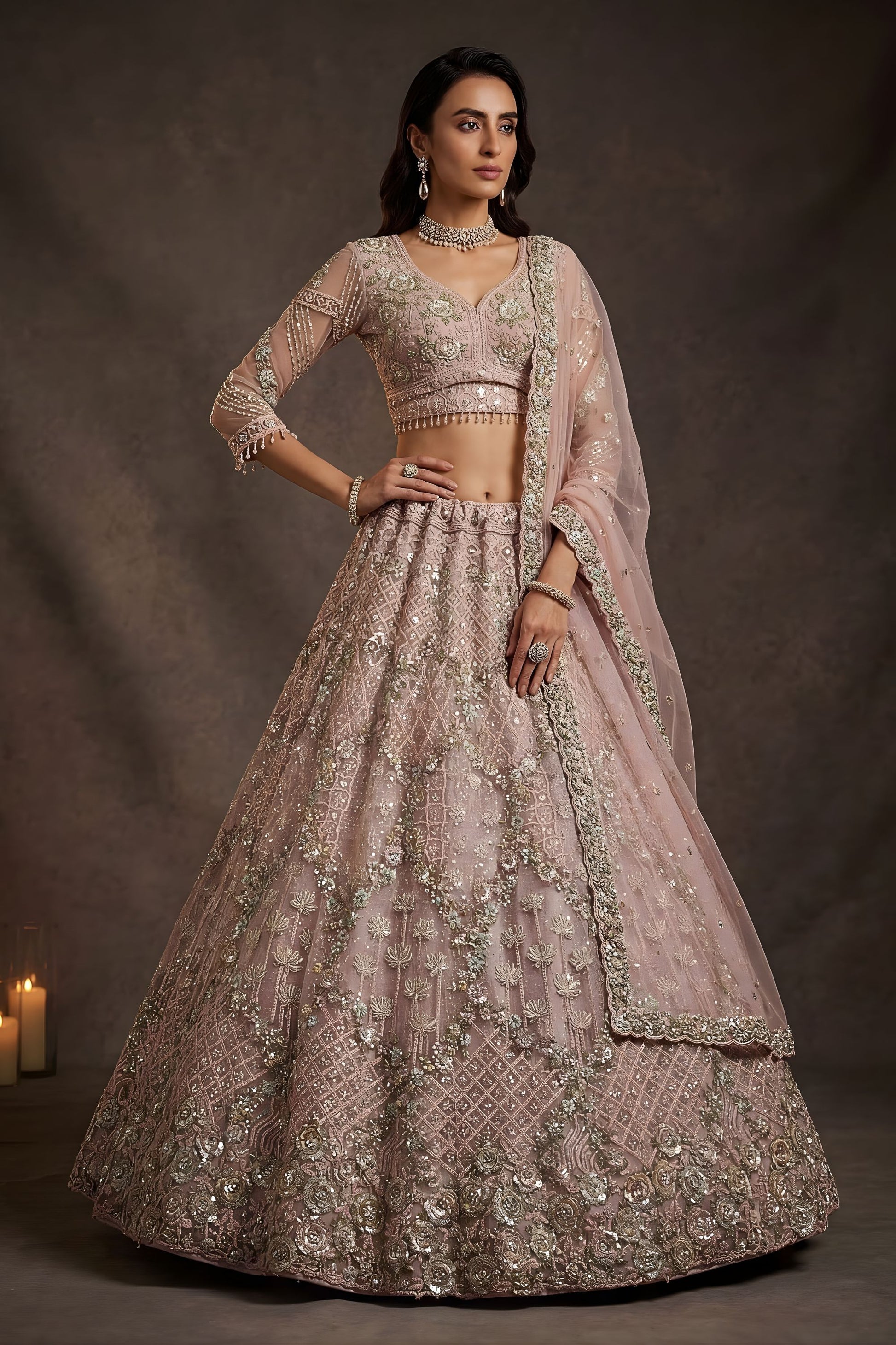 Beautifull Blush Pink Net Sequin Embroidery Work Bridal Lehenga Choli Dupatta