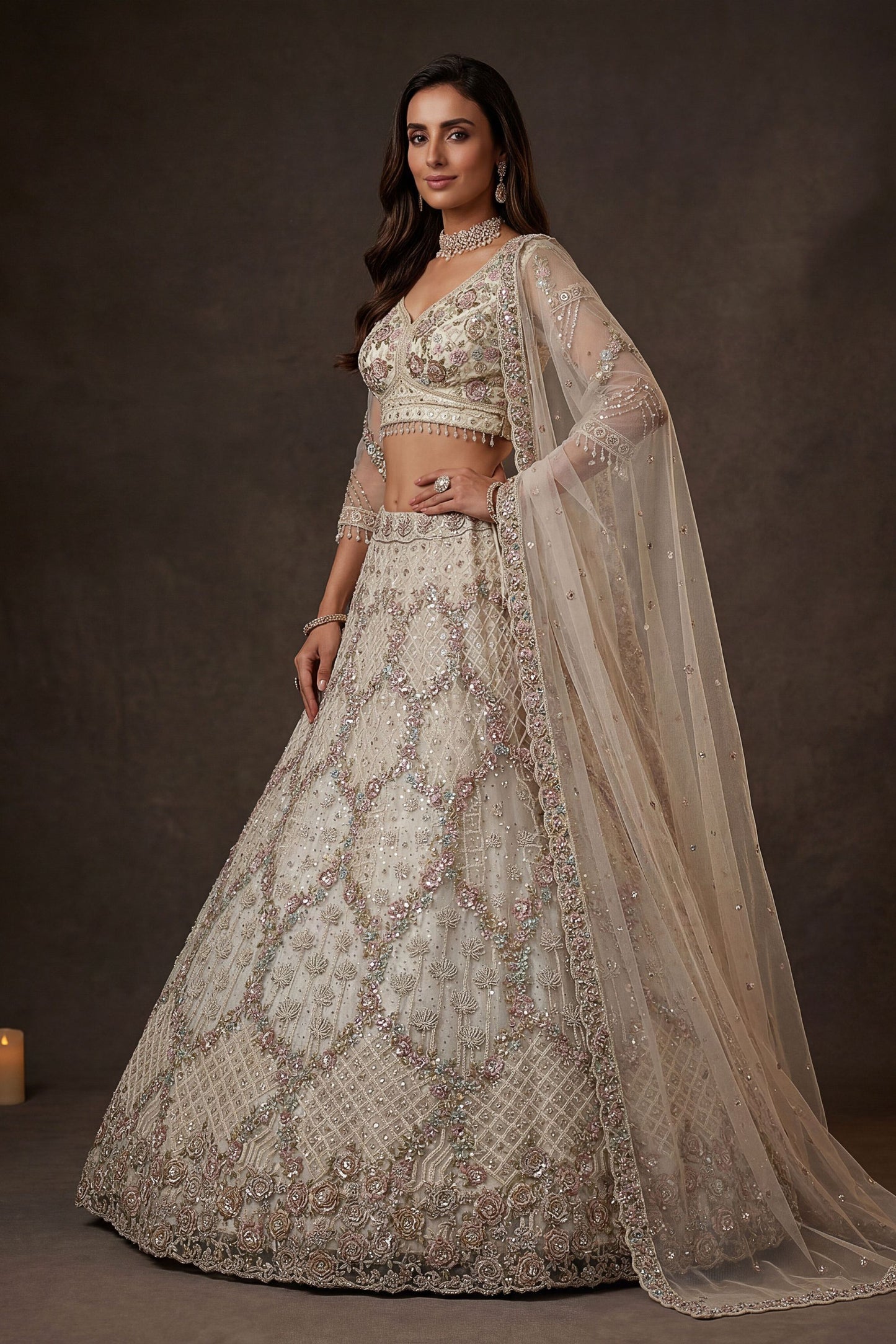 Elegant Off White Net Sequin Embroidery Work Bridal Lehenga Choli Dupatta