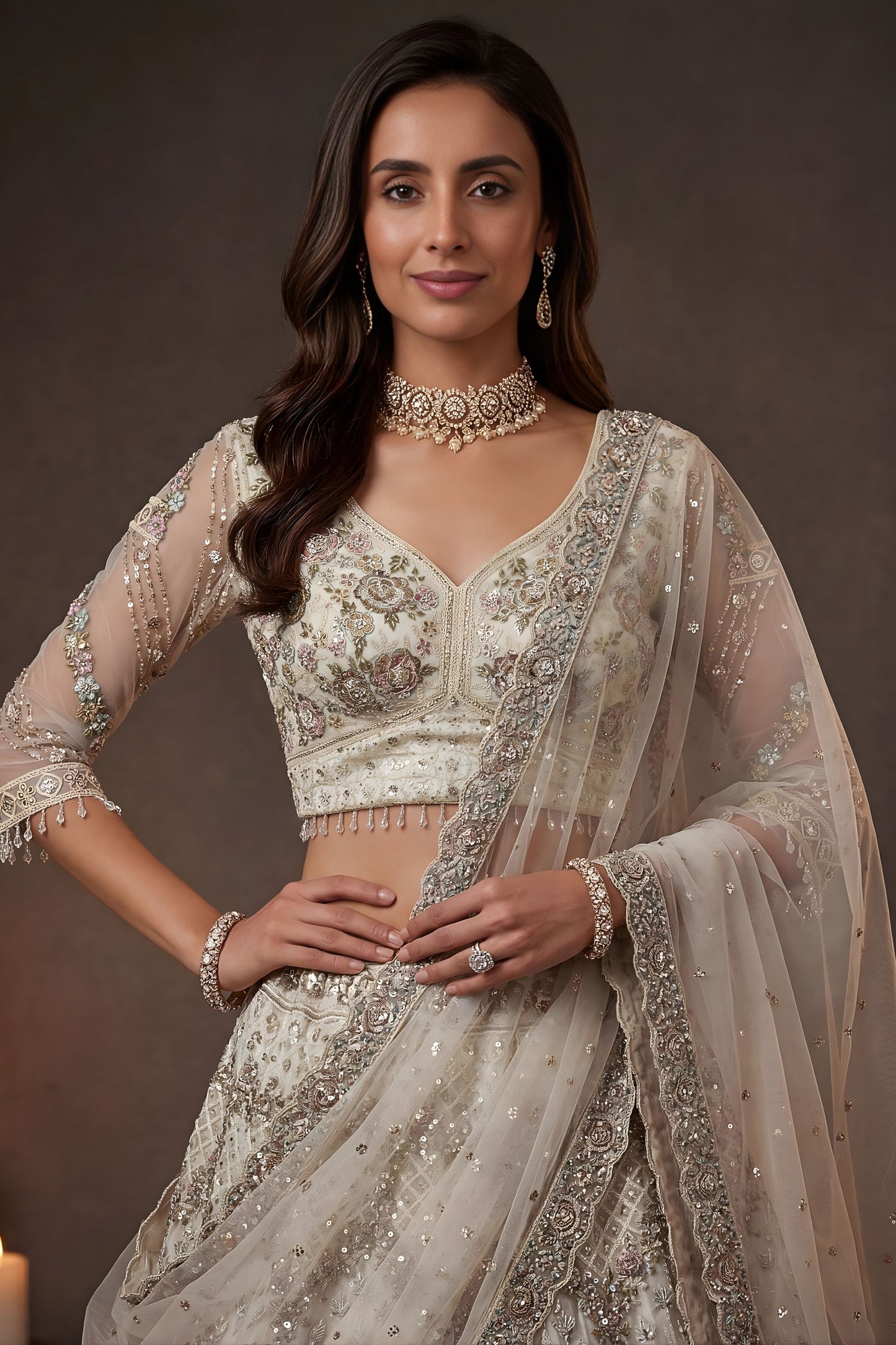 Elegant Off White Net Sequin Embroidery Work Bridal Lehenga Choli Dupatta