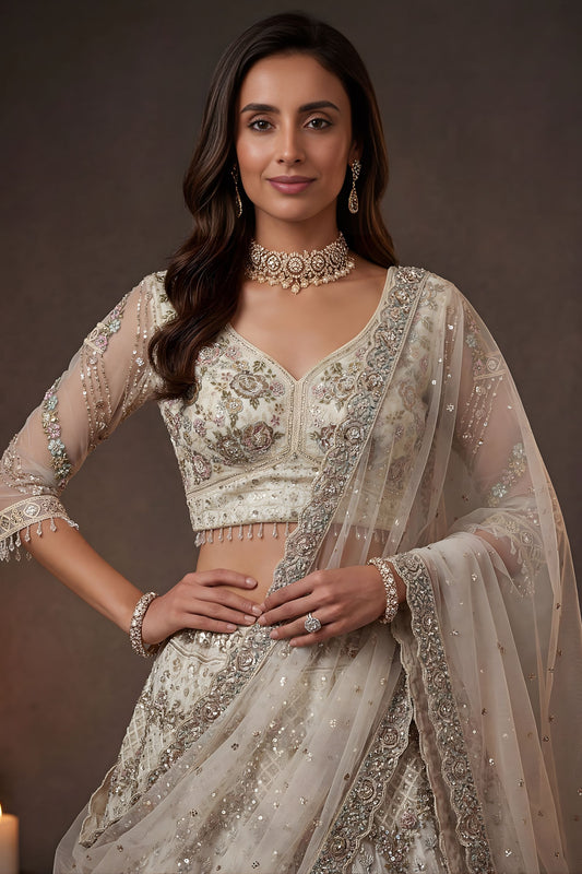 Elegant Off White Net Sequin Embroidery Work Bridal Lehenga Choli Dupatta