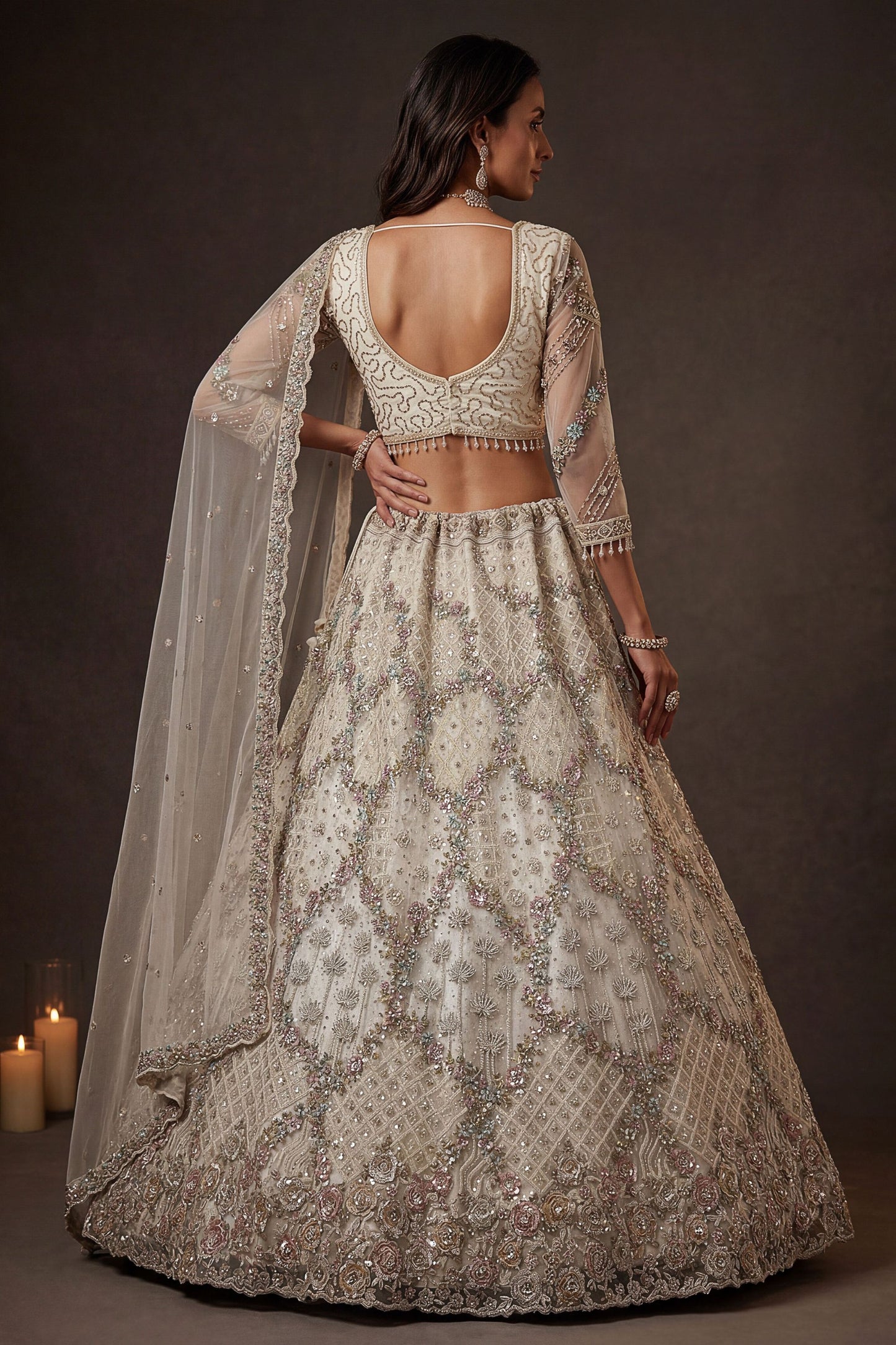 Elegant Off White Net Sequin Embroidery Work Bridal Lehenga Choli Dupatta