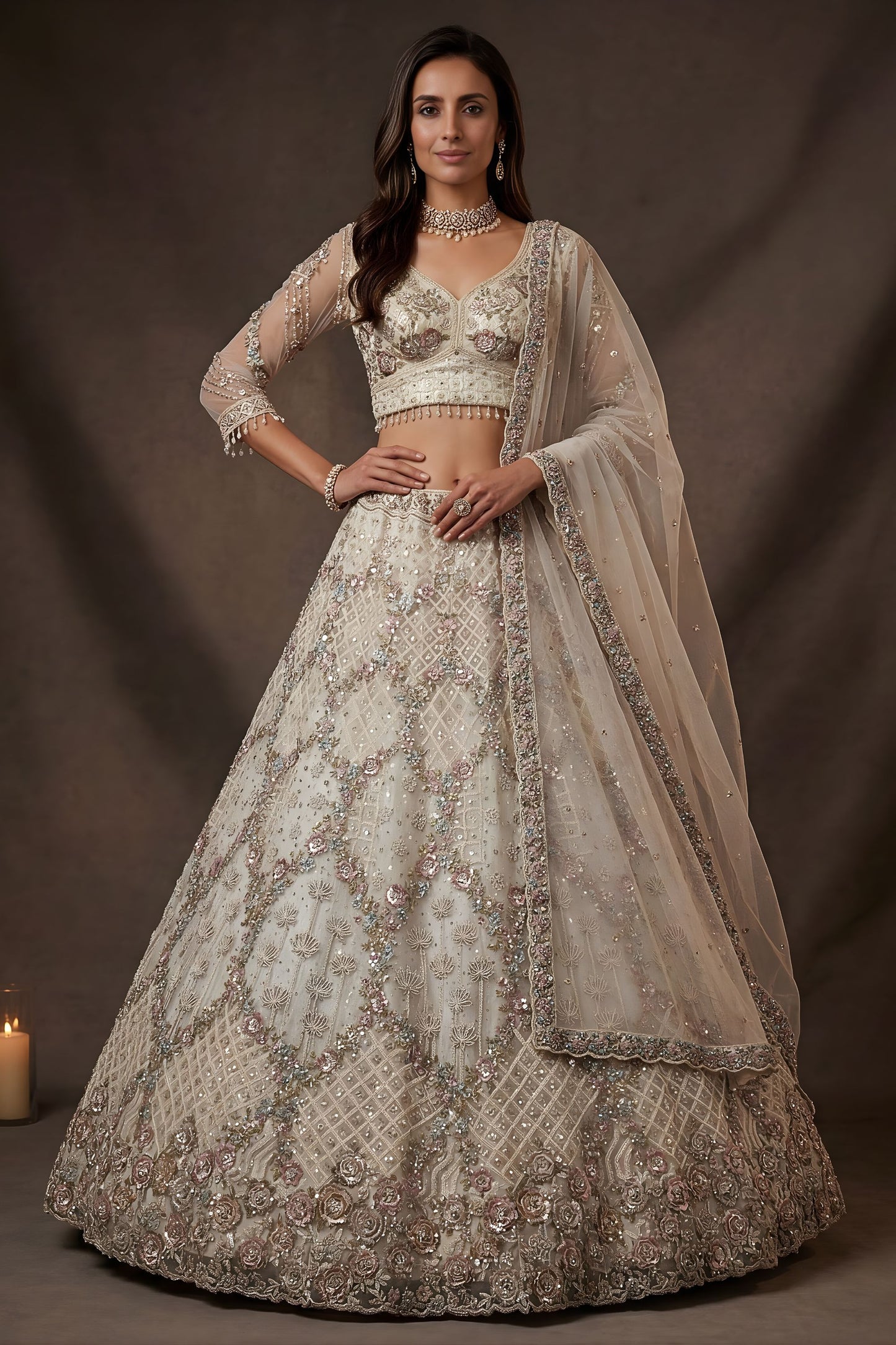 Elegant Off White Net Sequin Embroidery Work Bridal Lehenga Choli Dupatta