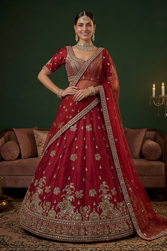 Luxury Red Gadhwal Silk Embroidered Bridal Lehenga Choli with Heavy Net Dupatta