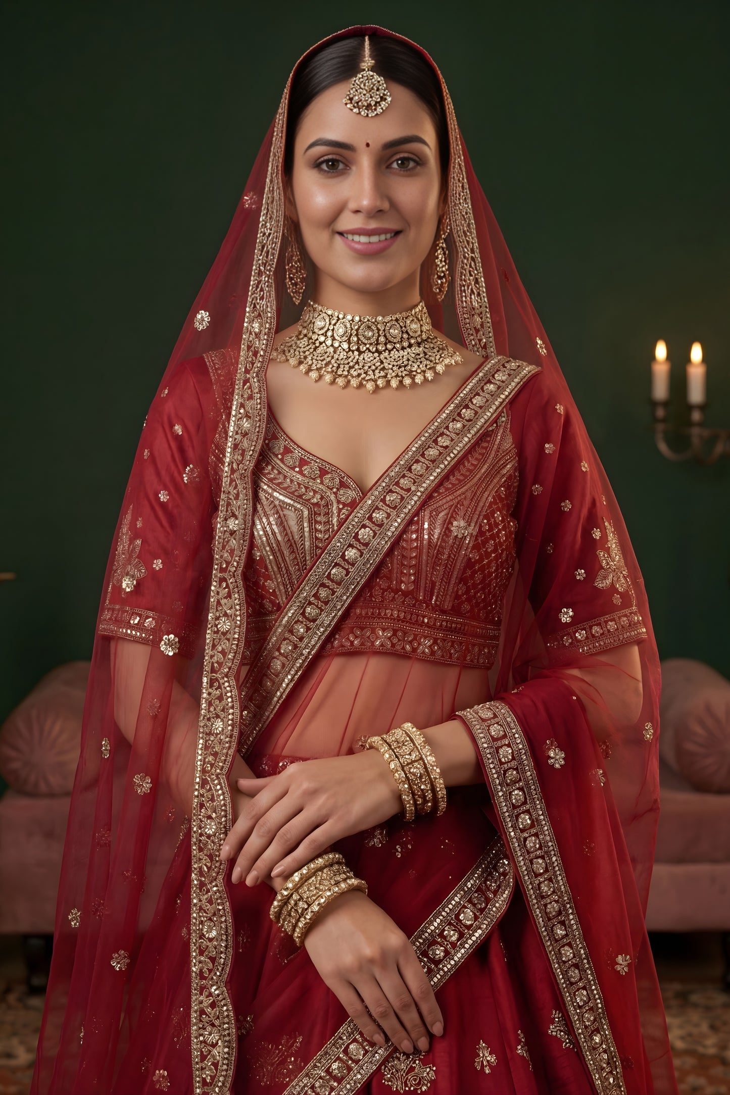 Luxury Red Gadhwal Silk Embroidered Bridal Lehenga Choli with Heavy Net Dupatta