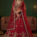 Luxury Red Gadhwal Silk Embroidered Bridal Lehenga Choli with Heavy Net Dupatta