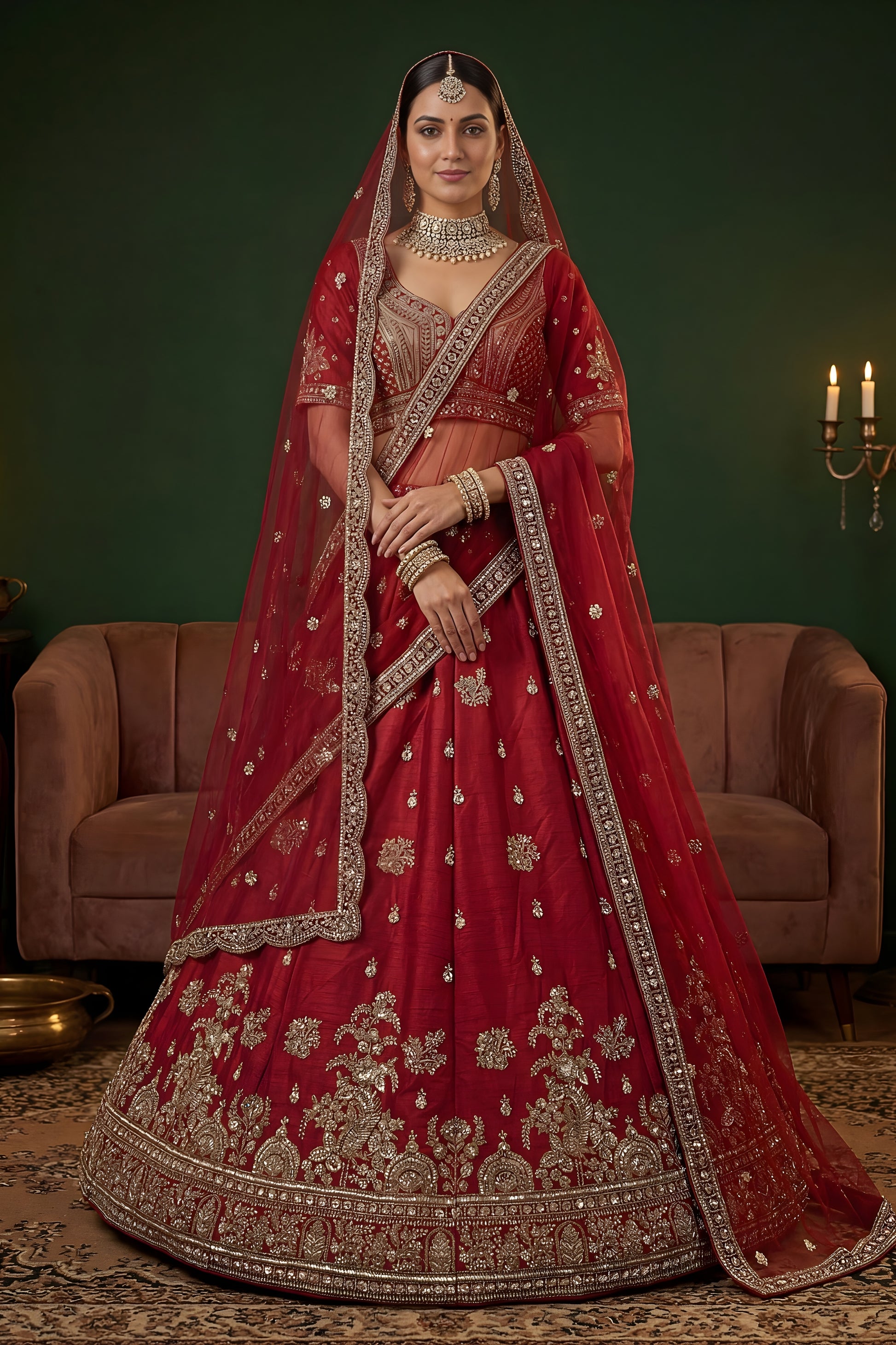 Luxury Red Gadhwal Silk Embroidered Bridal Lehenga Choli with Heavy Net Dupatta
