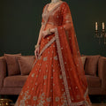 Vibrant Orange Gadhwal Silk Embroidered Bridal Lehenga Choli with Heavy Net Dupatta