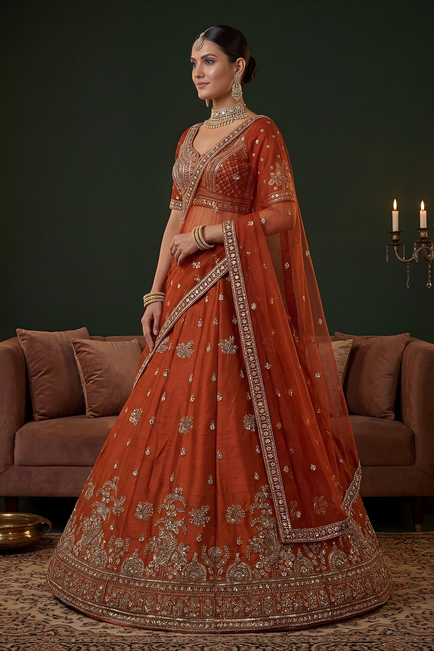 Vibrant Orange Gadhwal Silk Embroidered Bridal Lehenga Choli with Heavy Net Dupatta