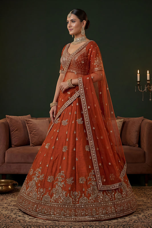 Vibrant Orange Gadhwal Silk Embroidered Bridal Lehenga Choli with Heavy Net Dupatta