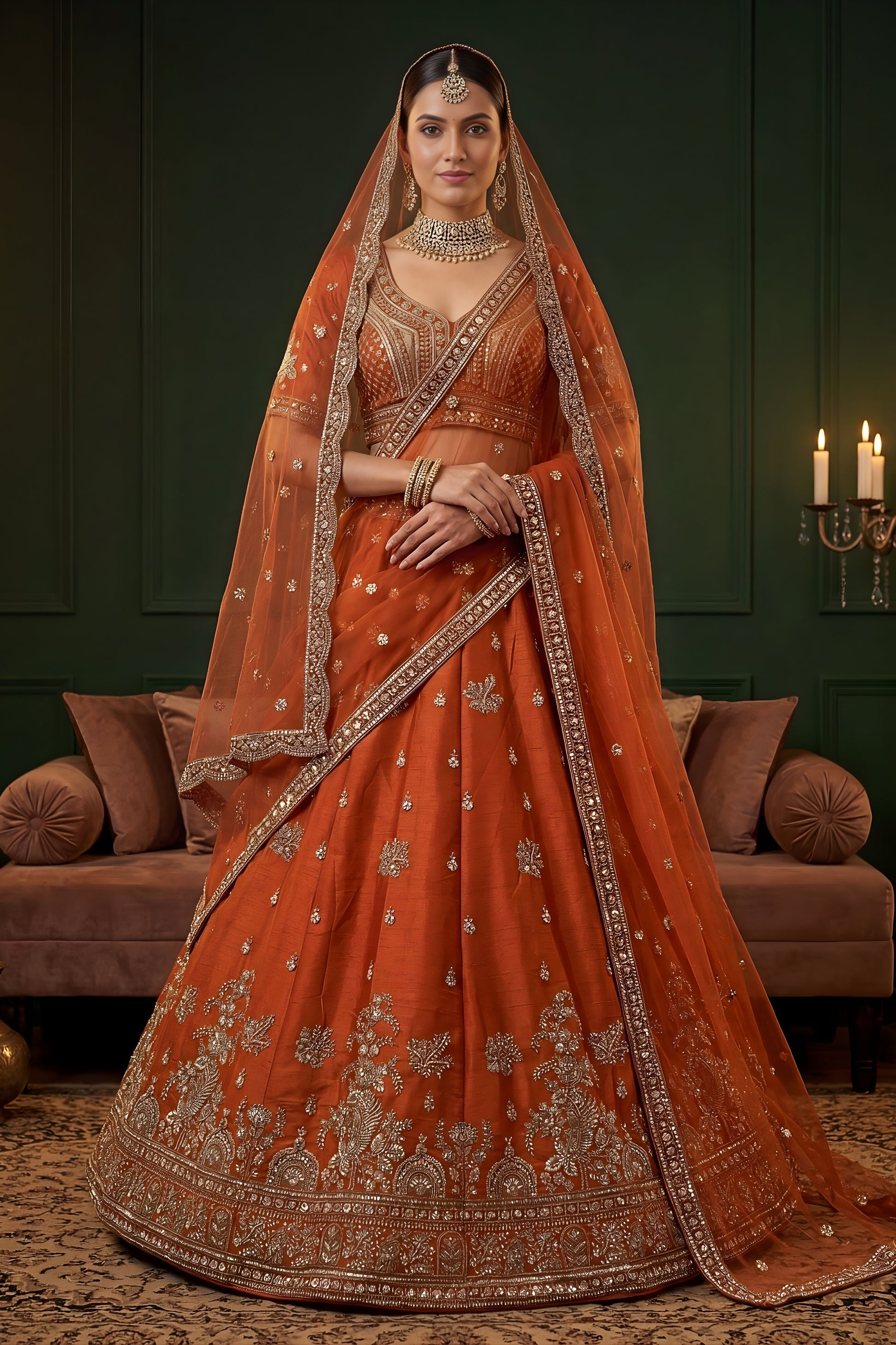Vibrant Orange Gadhwal Silk Embroidered Bridal Lehenga Choli with Heavy Net Dupatta
