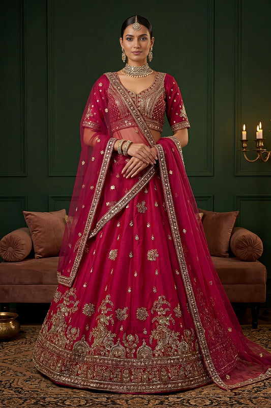 Royal Rani Pink Gadhwal Silk Embroidered Bridal Lehenga Choli with Heavy Net Dupatta
