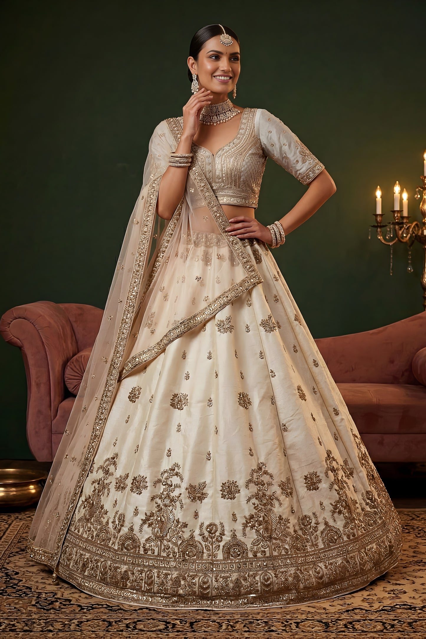 Elegant Off White Gadhwal Silk Embroidered Bridal Lehenga Choli with Heavy Net Dupatta