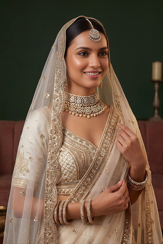 Elegant Off White Gadhwal Silk Embroidered Bridal Lehenga Choli with Heavy Net Dupatta