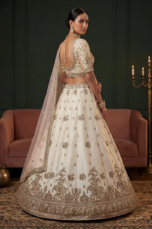 Elegant Off White Gadhwal Silk Embroidered Bridal Lehenga Choli with Heavy Net Dupatta