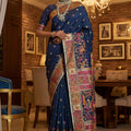 Royal Navy Blue Paithani Silk Saree Traditional Multicolor Zari Woven Border