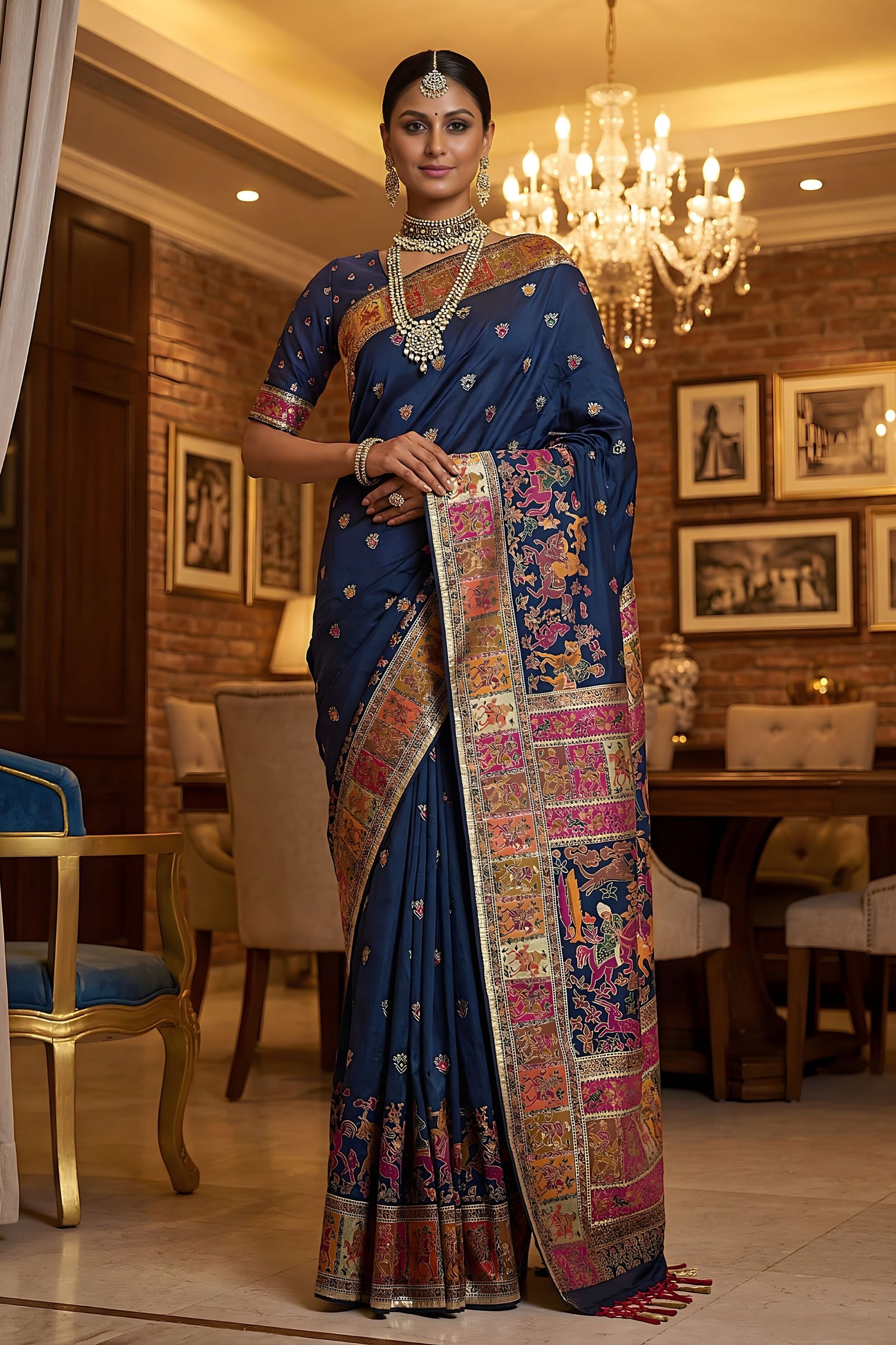 Royal Navy Blue Paithani Silk Saree Traditional Multicolor Zari Woven Border