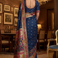 Royal Navy Blue Paithani Silk Saree Traditional Multicolor Zari Woven Border