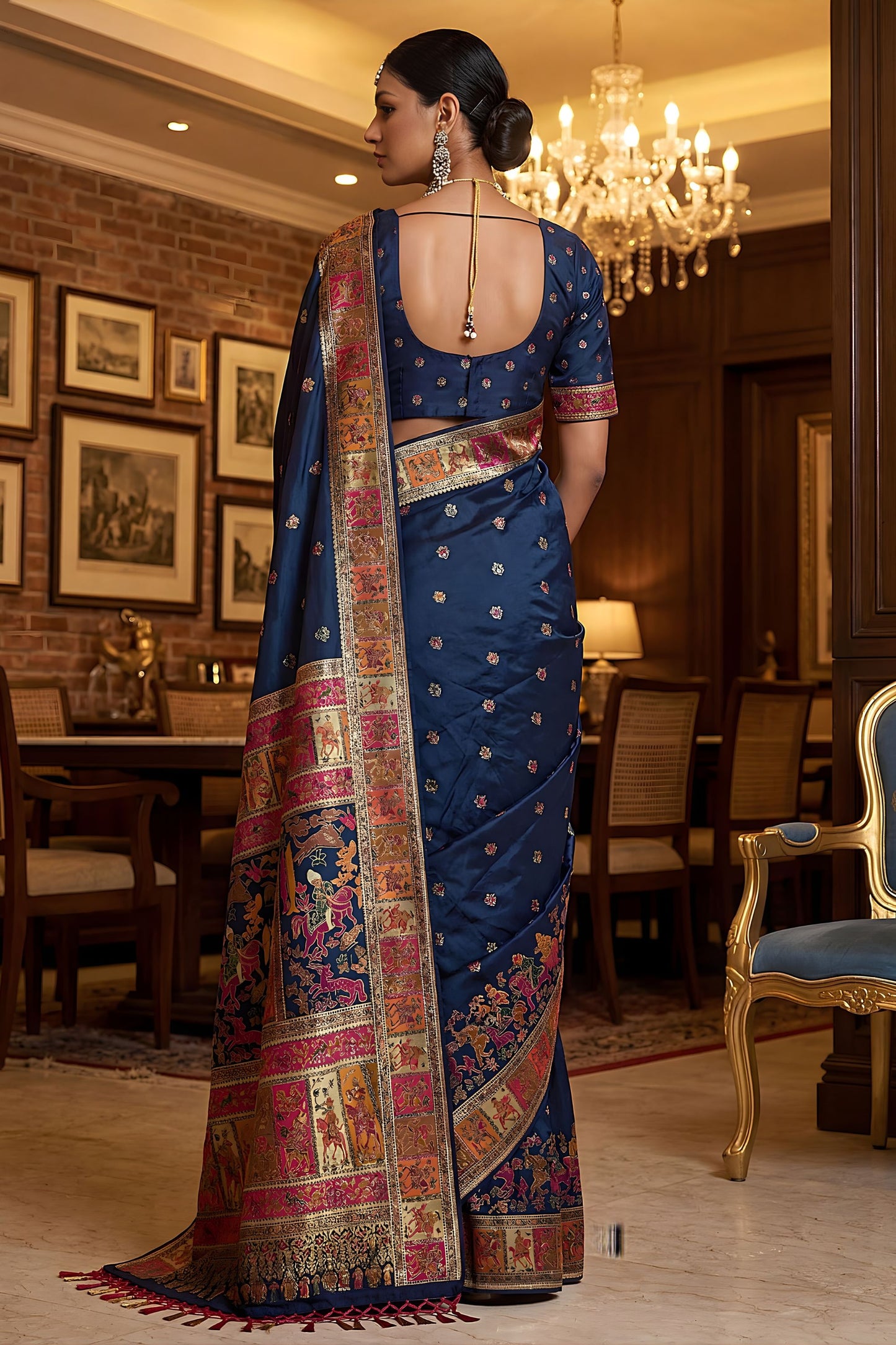 Royal Navy Blue Paithani Silk Saree Traditional Multicolor Zari Woven Border