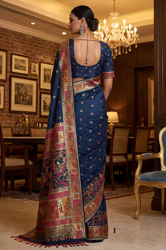 Royal Navy Blue Paithani Silk Saree Traditional Multicolor Zari Woven Border
