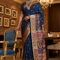 Royal Navy Blue Paithani Silk Saree Traditional Multicolor Zari Woven Border