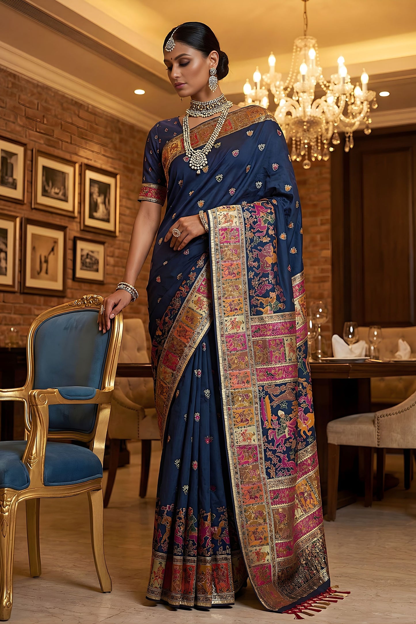 Royal Navy Blue Paithani Silk Saree Traditional Multicolor Zari Woven Border