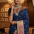 Royal Navy Blue Paithani Silk Saree Traditional Multicolor Zari Woven Border