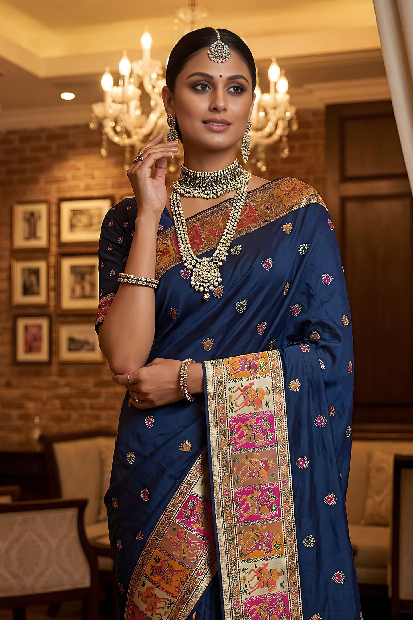 Royal Navy Blue Paithani Silk Saree Traditional Multicolor Zari Woven Border