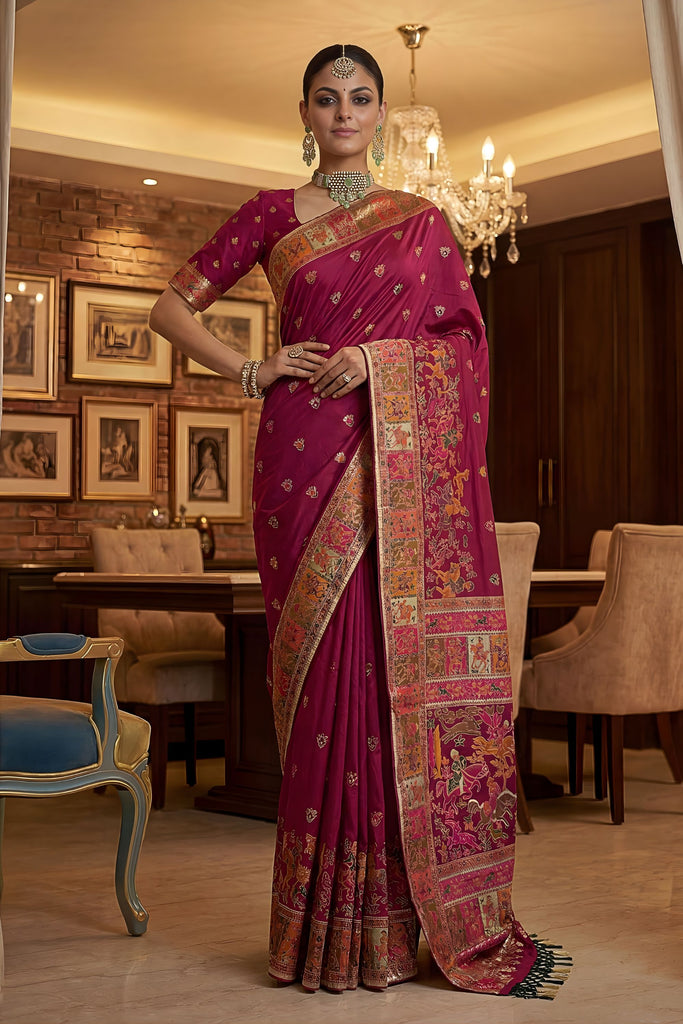 Elegant Wine Pink Paithani Silk Saree with Rich Traditional Zari Woven Border