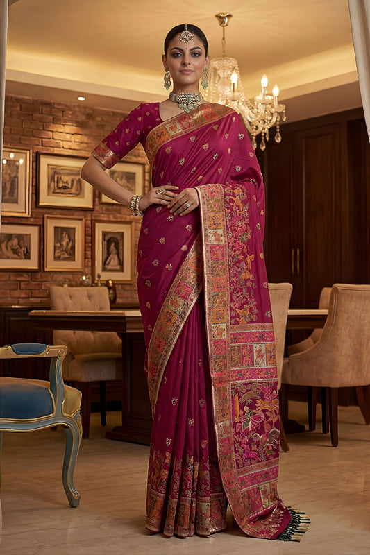 Elegant Wine Pink Paithani Silk Saree with Rich Traditional Zari Woven Border