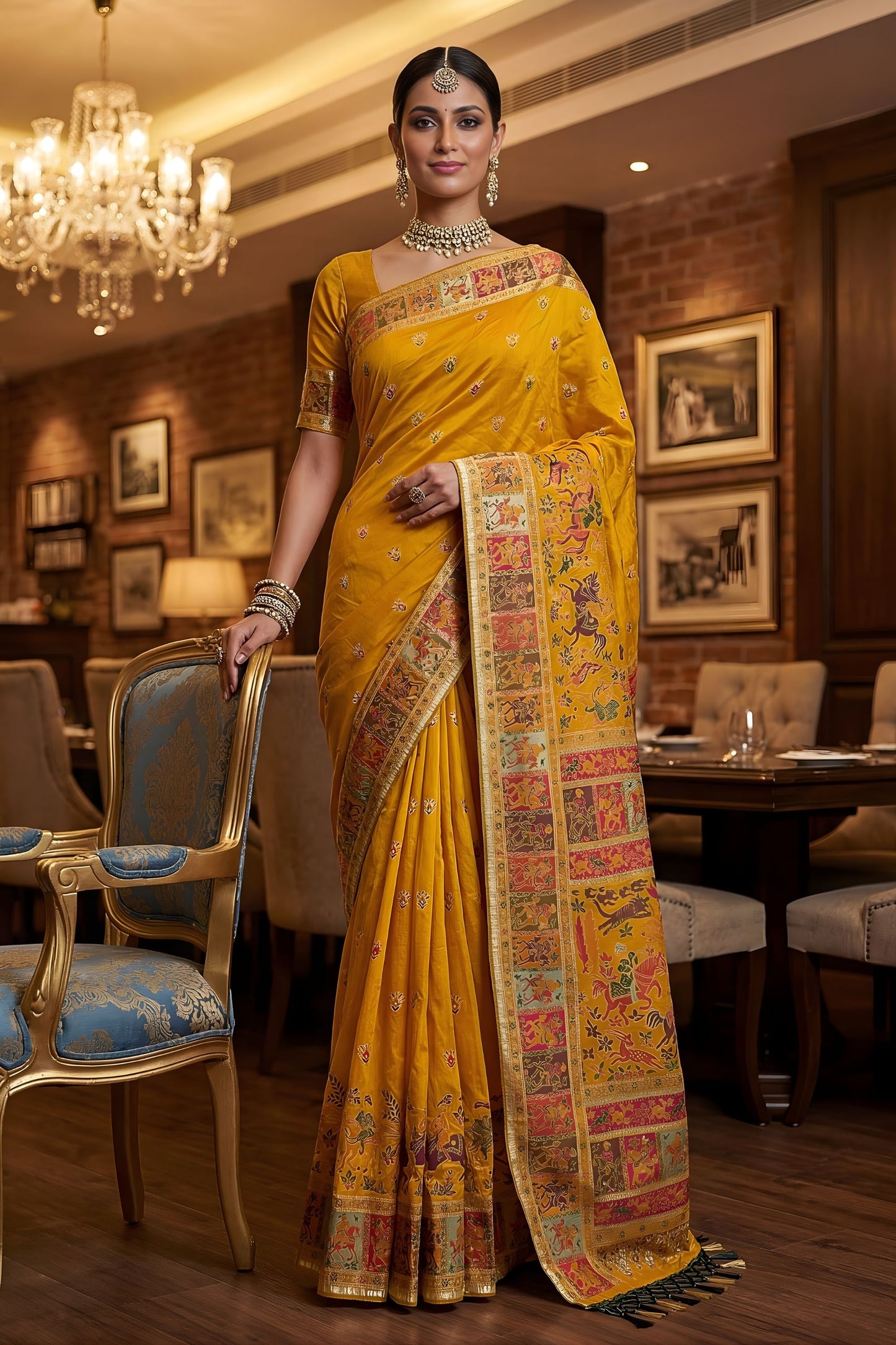 Royal Mustard Yellow Traditional Woven Silk Saree with Intricate Paithani Border