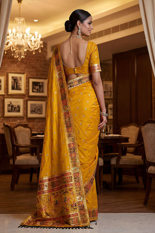 Royal Mustard Yellow Traditional Woven Silk Saree Paithani Border