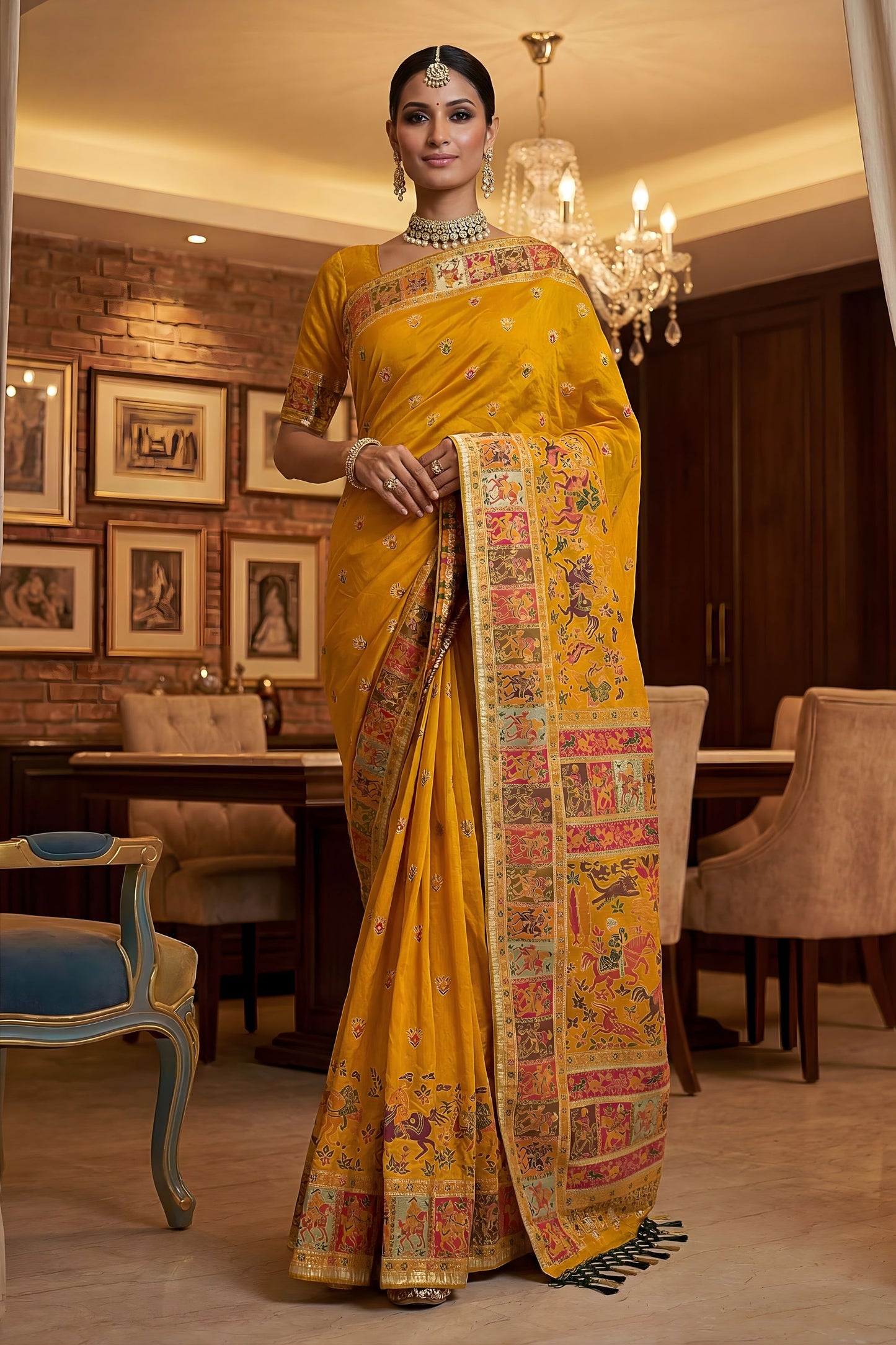 Royal Mustard Yellow Traditional Woven Silk Saree Paithani Border