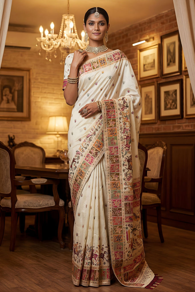  Off White Traditional Woven Silk Saree Rich Paithani Border