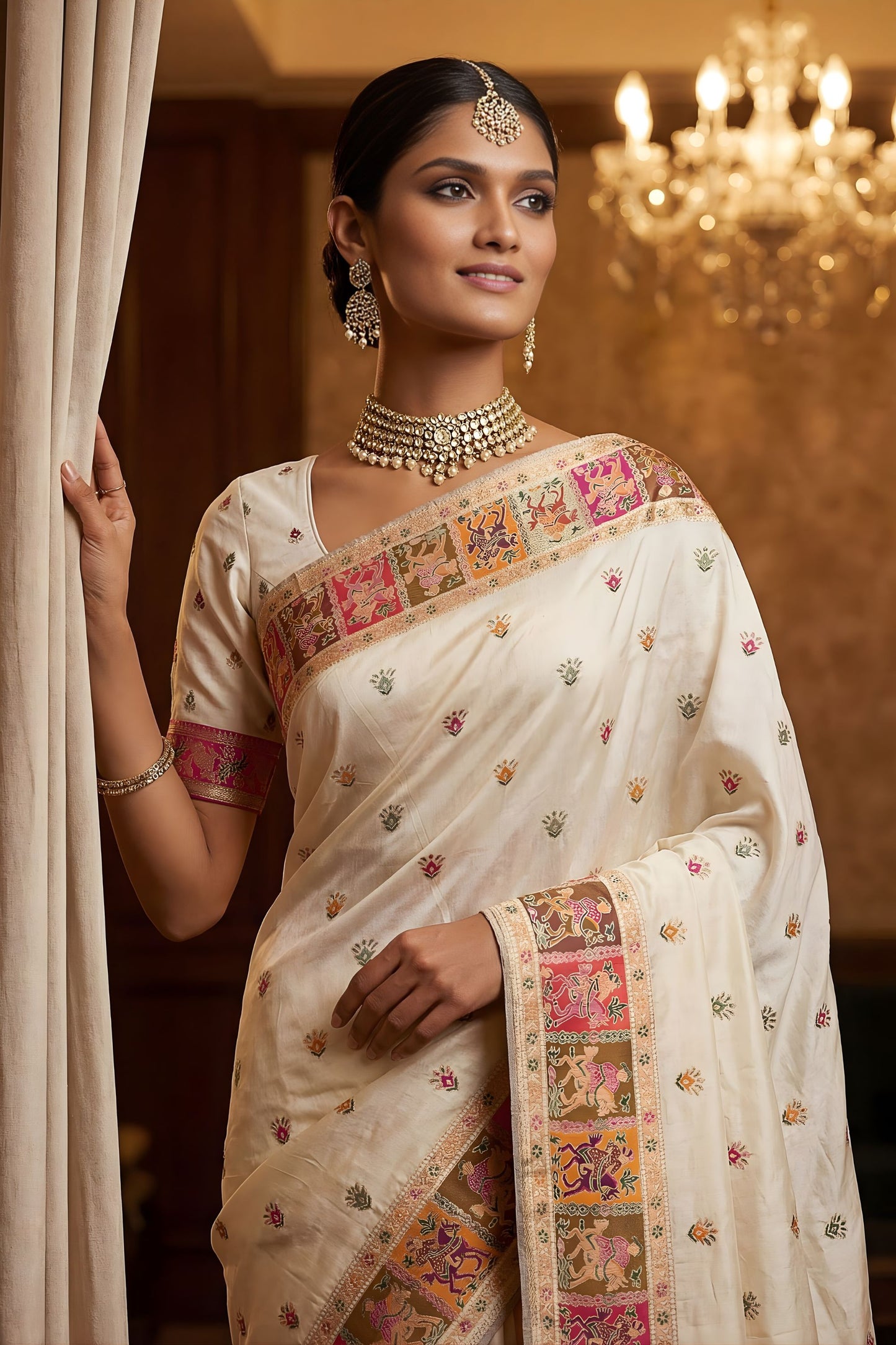 Off White Traditional Woven Silk Saree Rich Paithani Border