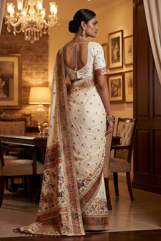 Off White Traditional Woven Silk Saree Rich Paithani Border