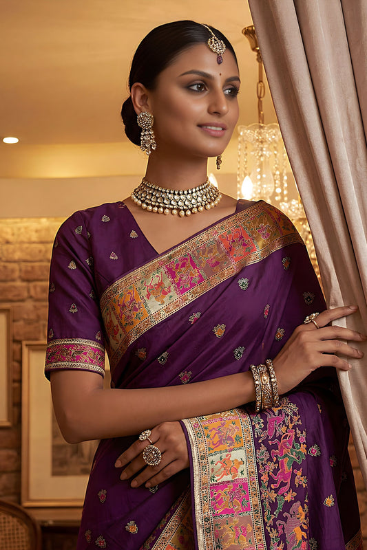 Royal Purple Traditional Woven Silk Saree  Rich Paithani Border