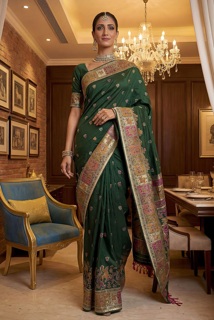  Dark Green Traditional Woven Silk Saree Rich Paithani Border